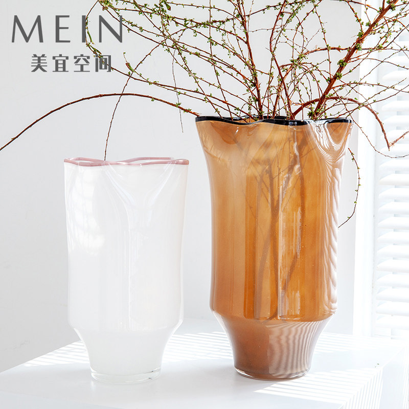 北欧简约风中古描边琉璃花瓶家居装饰摆件客厅插花玻璃水培花器