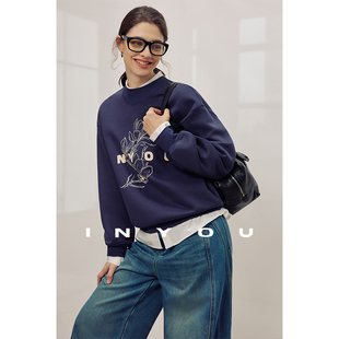 植绒印花圆领春空气棉通勤风秋百搭休闲长袖 卫衣女 定制新款 因由