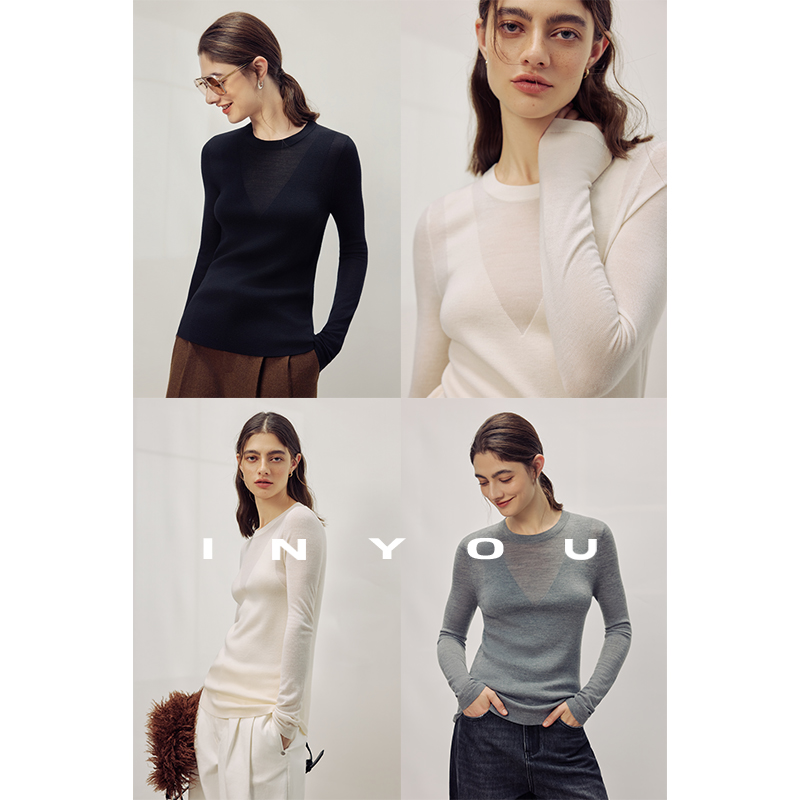因由 极简超细精羊毛上衣针织柔软套头圆领修身长袖秋冬打底衫女