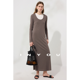 针织通勤中长款 因由 弹力优雅简约大U领长袖 修身 连衣裙女 新款