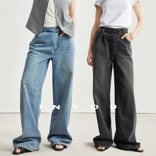 高腰阔腿牛仔裤 斜门襟垂感宽松显瘦美式 显瘦休闲直筒拖地裤 因由