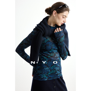 因由 显瘦长袖 打底衫 女上衣 设计师原创定制高弹微透性感网纱修身