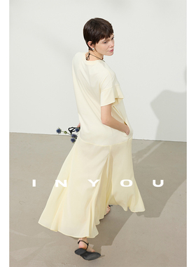 因由【03/05 am10:00上新】法式浪漫短袖拼接薄纱飘逸鱼尾连衣裙