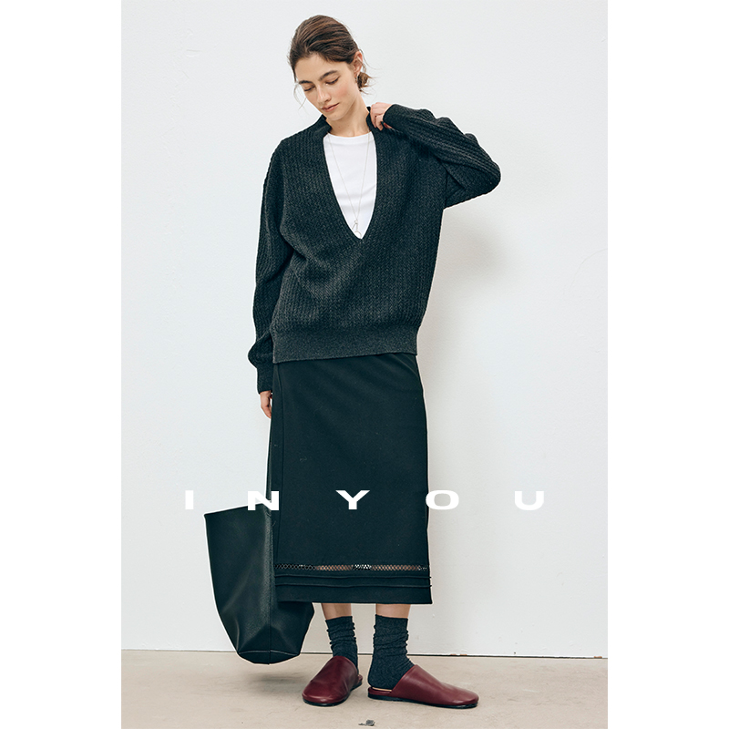 因由 极简row风25羊毛新款秋冬黑色蕾丝拼接直筒半身裙