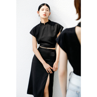 上衣改良小立领国风套装 露背短款 不对称开叉半裙 醋酸新中式 因由