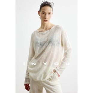 套装 因由 长裤 设计感T恤 北欧微透羊毛上衣一字领度假风防晒罩衫