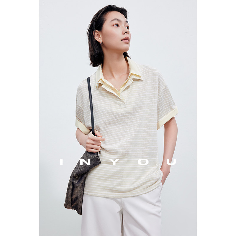 因由 桑蚕丝亚麻休闲套头落肩袖条纹假两件撞色POLO衫短袖T恤女图片