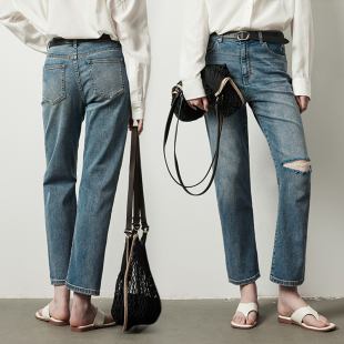 高腰宽松烟管裤 因由 女显瘦弹力百搭直筒裤 破洞九分牛仔裤 夏季