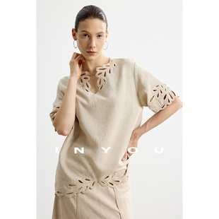 短裤 因由 复古高腰亚麻阔腿裤 波嬉风清凉设计感镂空花边衬衫 套装