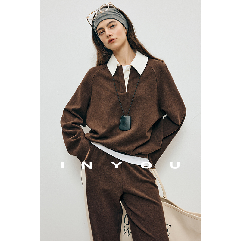 因由 时尚拼接撞色假两件显瘦卫衣运动休闲撞色长裤套装女秋冬