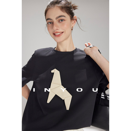 因由 时尚立体裁剪设计感舒适撞色折纸小马套头圆领短袖T恤女春夏