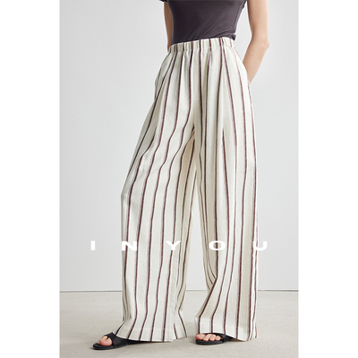 因由 高级感条纹直筒裤显瘦轻薄透气松紧老钱风亚麻阔腿休闲裤女