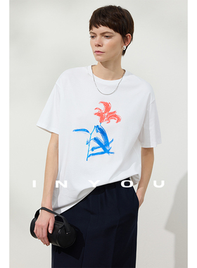 因由【02/02 am10:00上新】新春手绘小马印花纯棉涂鸦花卉宽松T恤