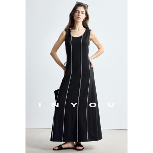 连衣裙 拼接条纹黑色明线休闲无袖 因由 老钱风撞色背心裙懒人长款