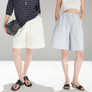 阔腿裤 女春夏新款 ROW风纸感棉感慵懒高级宽松紧五分休闲短裤 因由