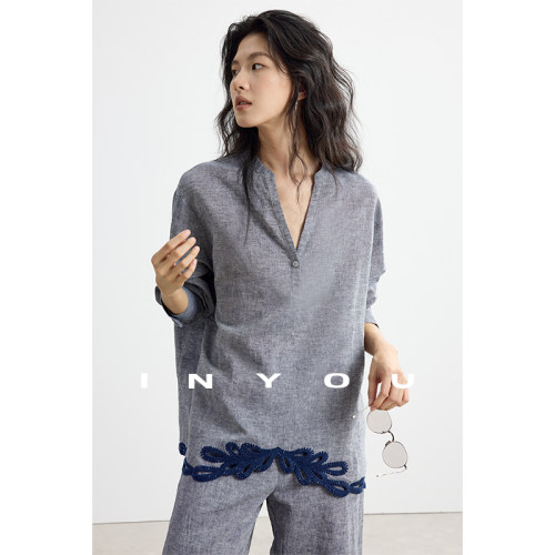 因由 亚麻重工刺绣V领上衣度假感衬衫+松弛感阔腿裤设计感套装女