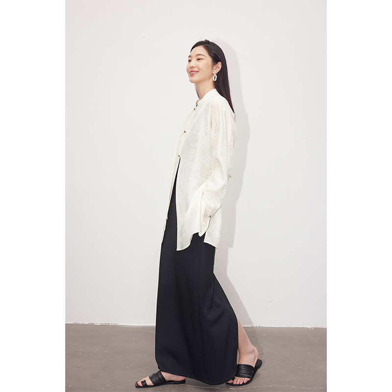 因由通勤流苏手工扣长袖醋酸纤维