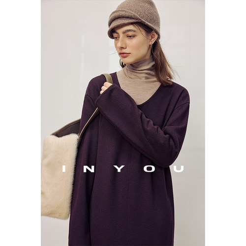 因由 极简慵懒气质随性宽松U领套头连帽懒人中长款连衣裙女