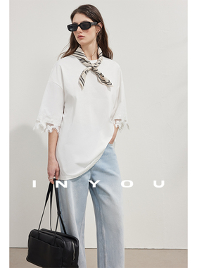 因由 度假风造型感春夏宽松拼接蕾丝花边休闲白色短袖T恤女上衣