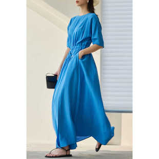 收腰显瘦蓝色亚麻长裙 连衣裙中长款 因由 设计感小众露腰镂空短袖