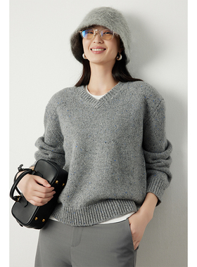 因由 INS风羊毛V领针织衫慵懒舒适感轻暖高级百搭灰色套头毛衣女