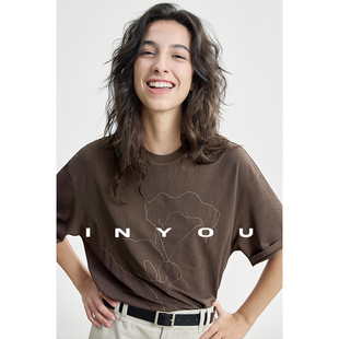 因由 索罗那宽松上衣马蹄莲刺绣休闲T恤女 淡人穿搭百搭凉感短袖