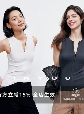 因由 贴身弹力圆领拉链无袖背心常规修身运动显瘦纯色内搭打底女