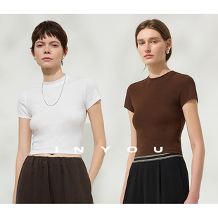 显瘦圆领直角肩卡戴珊T恤女 小上衣極简高弹修身 因由 百搭运动短款