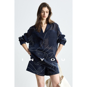 老钱风时髦衬衫 休闲套装 度假风轻薄V领长袖 亚麻短裤 女 上衣 因由