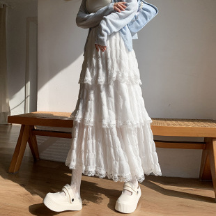 温柔甜美蕾丝半身裙女高腰垂感A字蛋糕裙蓬蓬裙肌理感雪纺纱纱裙