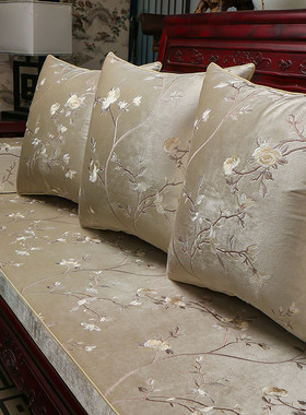 中式刺绣定制红木沙发坐垫实木家具座垫罗汉床垫子五件套防滑绒布