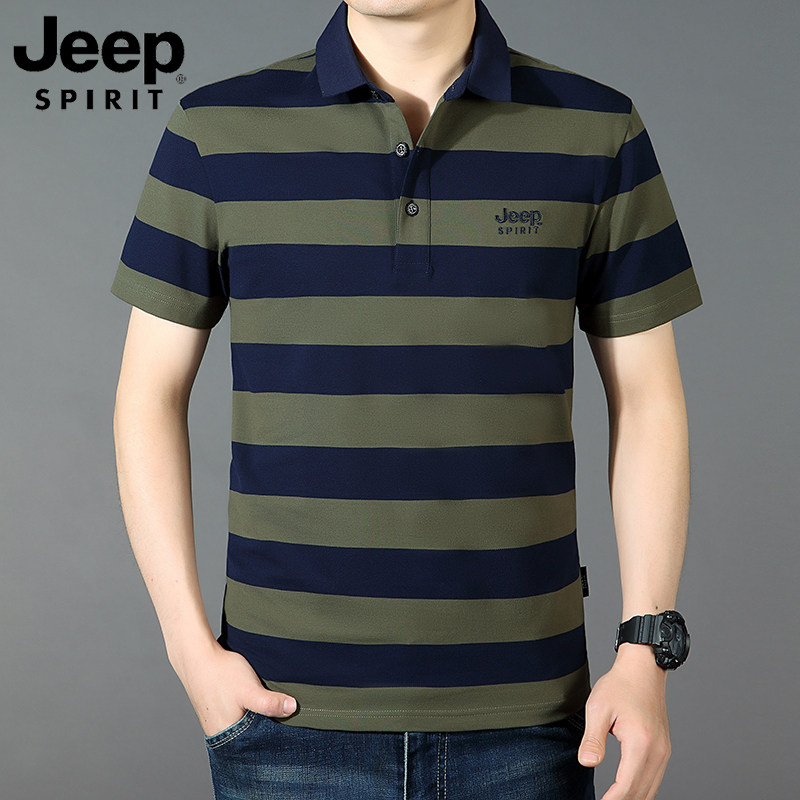 jeep spirit吉普条纹短袖T恤男士夏季翻领休闲宽松半袖男打底衫