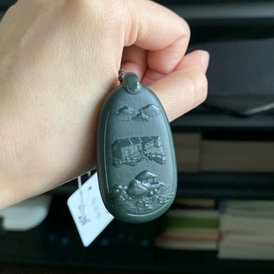 毛毛的翠//M 13045/和田玉黑青雕刻风景楼台挂件/250