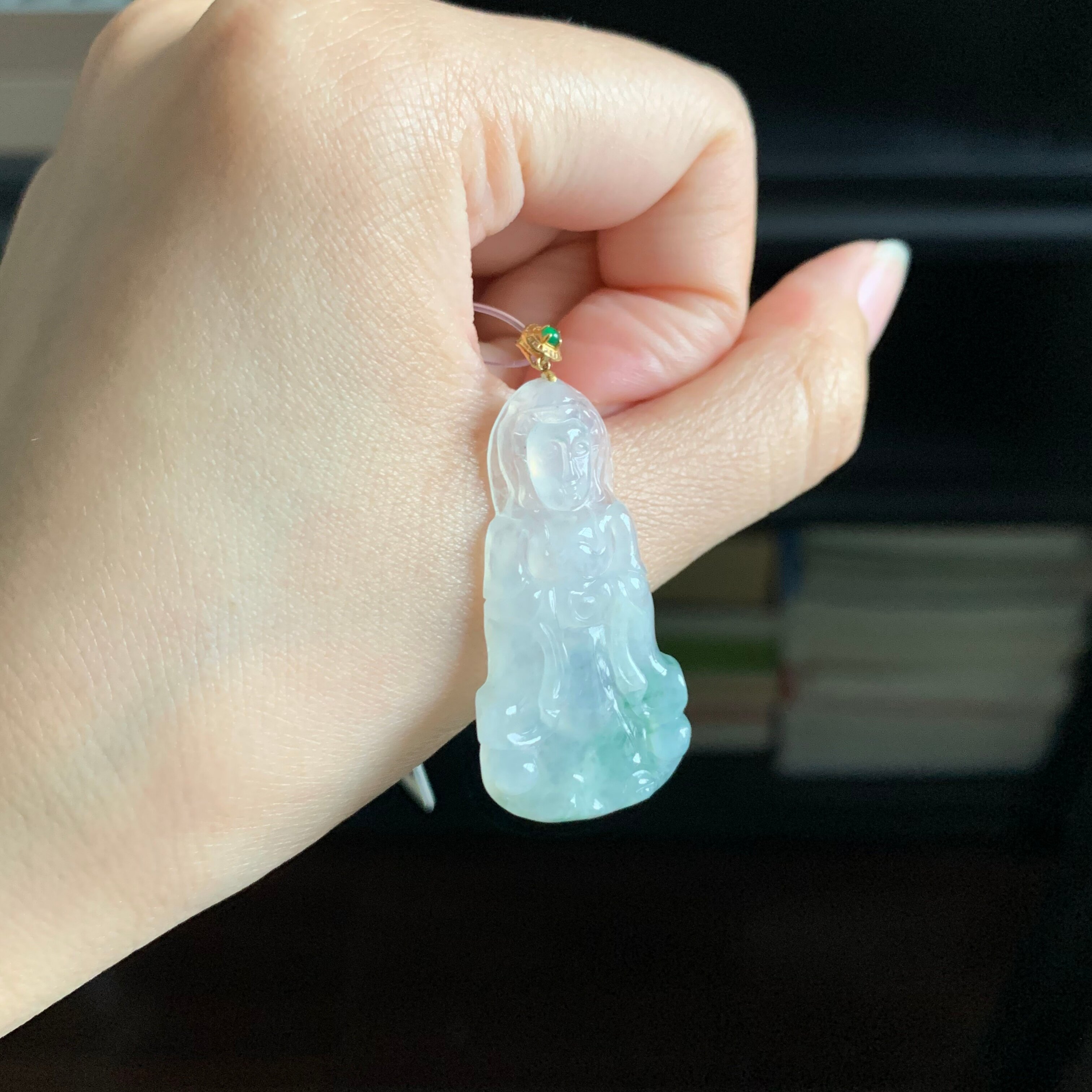 毛毛的翠//M 13688/天然18k飘墨绿花翡翠观音吊坠/780