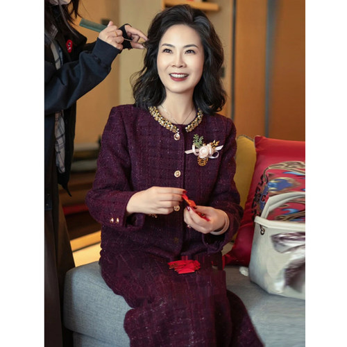 小香风紫色名媛婚礼妈妈两件套