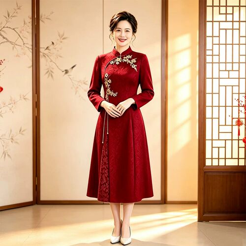 新中式红色刺绣旗袍婚宴礼服