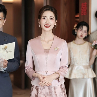 优雅喜妈妈修身礼服假两件连衣裙中长款婚宴装高级感平时可穿春秋
