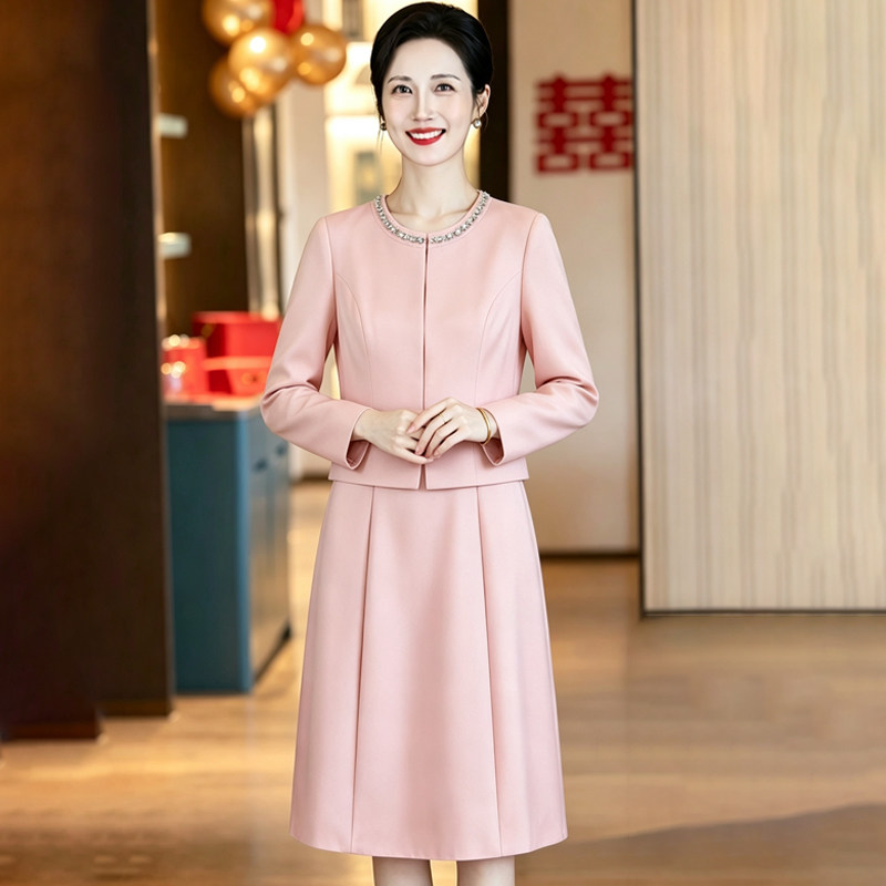 喜婆婆婚礼礼服套装轻奢镶钻上衣中长款A字裙春秋结婚妈妈两件套