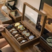高档手表收纳盒子黑胡桃木纹多位分格收纳木质透明带盖手表收纳盒