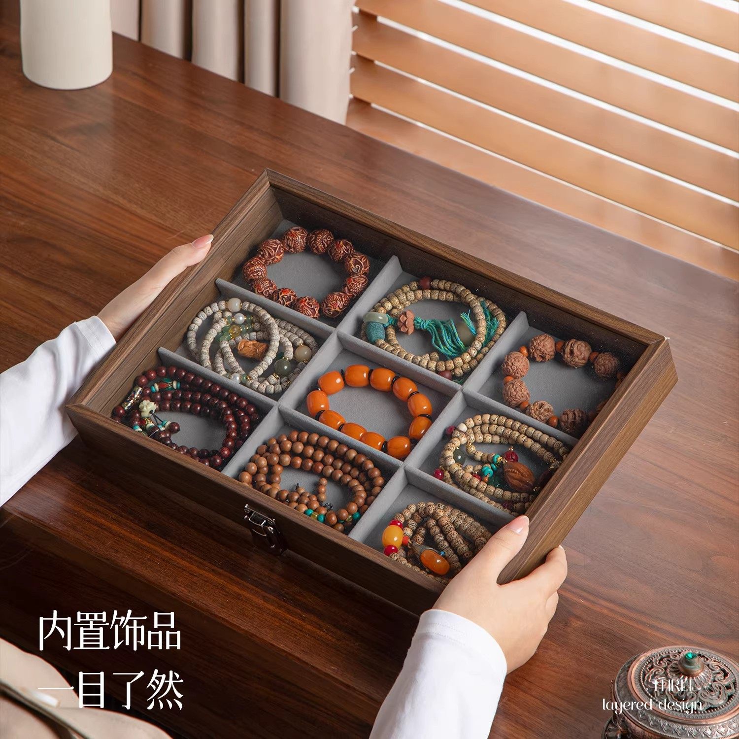 文玩手串收纳盒大容量首饰水晶手镯手链佛珠木纹盒子精致展示专用