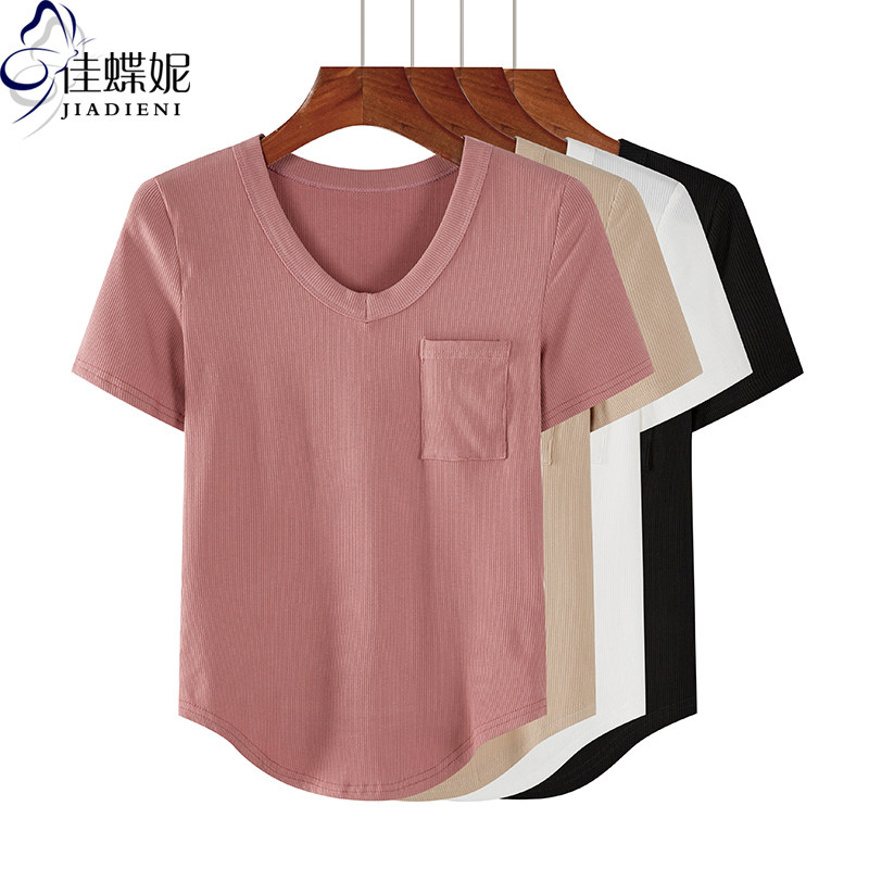 夏季新款韩版纯棉修身纯色v领带口袋短袖纯欲短款高上衣内搭女装