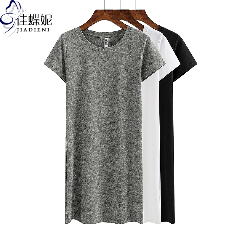夏季新款韩版圆领纯棉修身显瘦绿色简约中长款短袖连衣裙女装