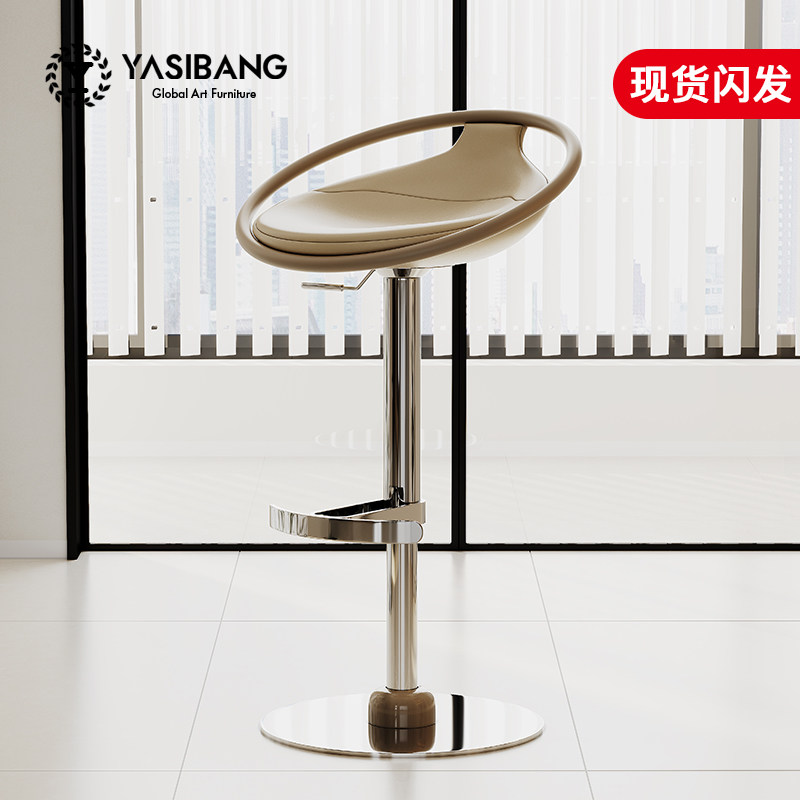 现代简约真皮吧台椅家用勺子创意吧椅极简升降旋转高脚椅厨房餐椅