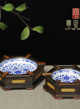 红木工艺实木质红酸枝装饰烟灰缸摆件青花瓷龙图案创意家用