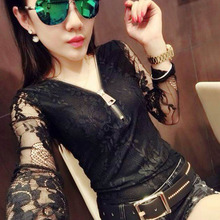 蕾丝衫 性感紧身女士网纱上衣百搭打底小衫 欧洲站秋冬新款 V领长袖