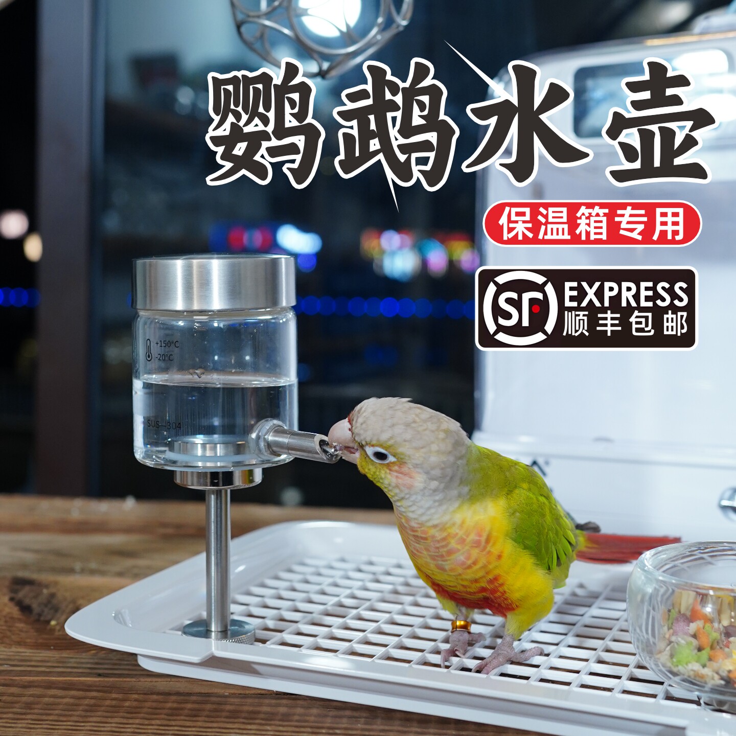 鹦鹉保温箱专用水壶磁吸玻璃食盒套餐鸟用撞针饮水器喂水器底网款