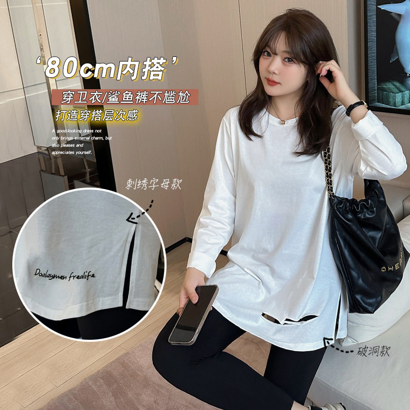 2022秋冬新品加肥胖mm设计感叠穿白t恤 加长宽松女内搭长袖棉打底