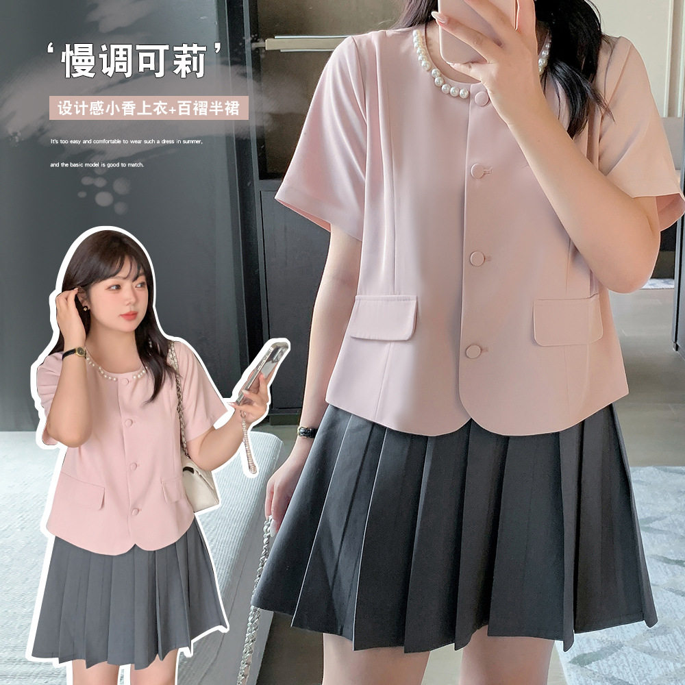 2024年夏季新品加肥设计感小香套装胖mm大码法式百褶裙两件套纯色