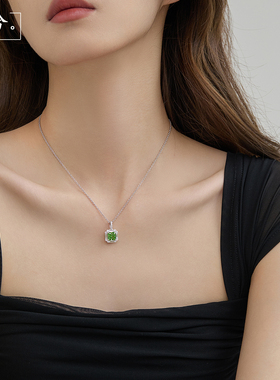 925纯银人工培育绿方钻项链