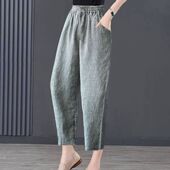 清仓棉麻九分裤 潮 格子2025夏天宽松哈伦裤 女士裤 子松紧高腰灯笼裤